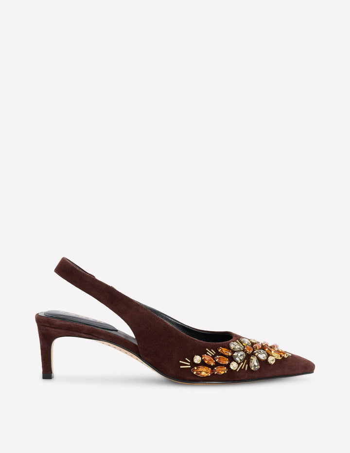 Hope Pointed Slingback Heels-Bitter Choc Embellished