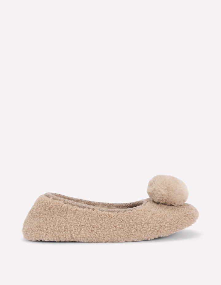 Borg Pompom Slippers-Natural