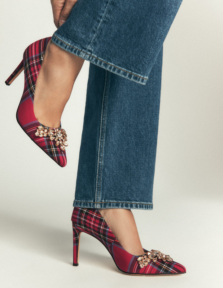 Embellished Court Shoes-Red Tartan