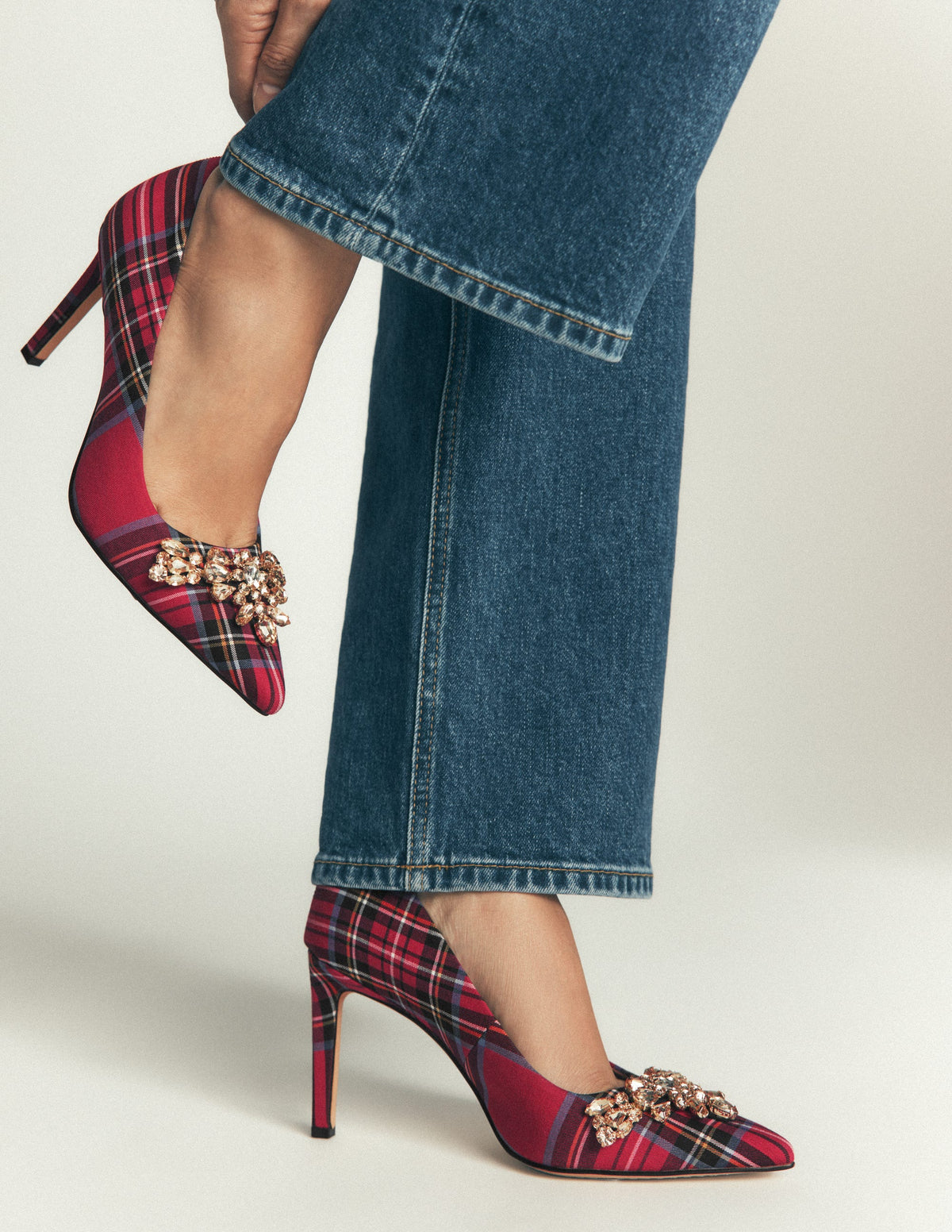 Embellished Court Shoes-Red Tartan - Image 2