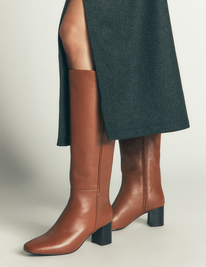 Seam Detail Knee Boots-Tan Leather