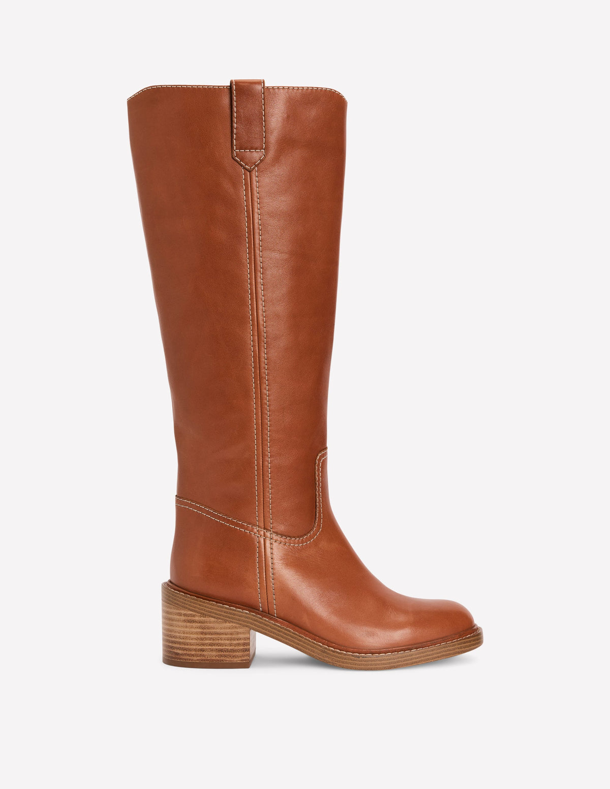 Casual Stitch Knee Boots-Tan Leather-1