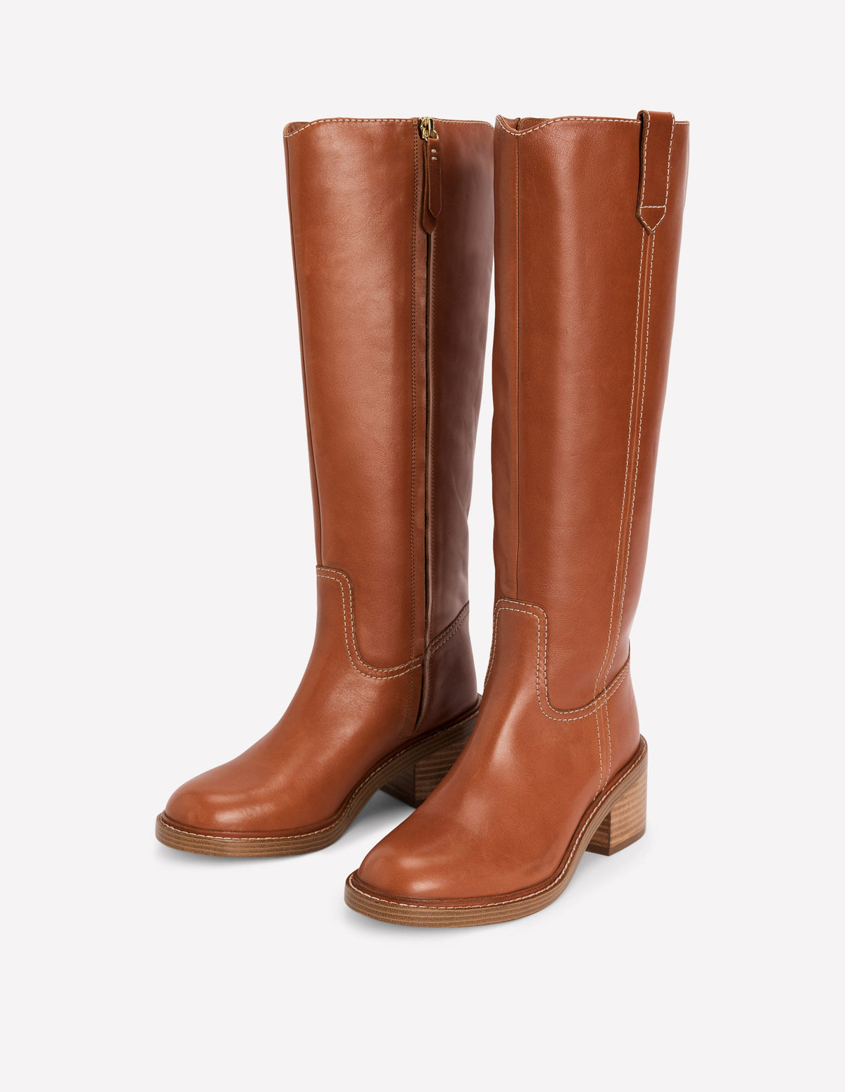 Casual Stitch Knee Boots-Tan Leather - Image 3