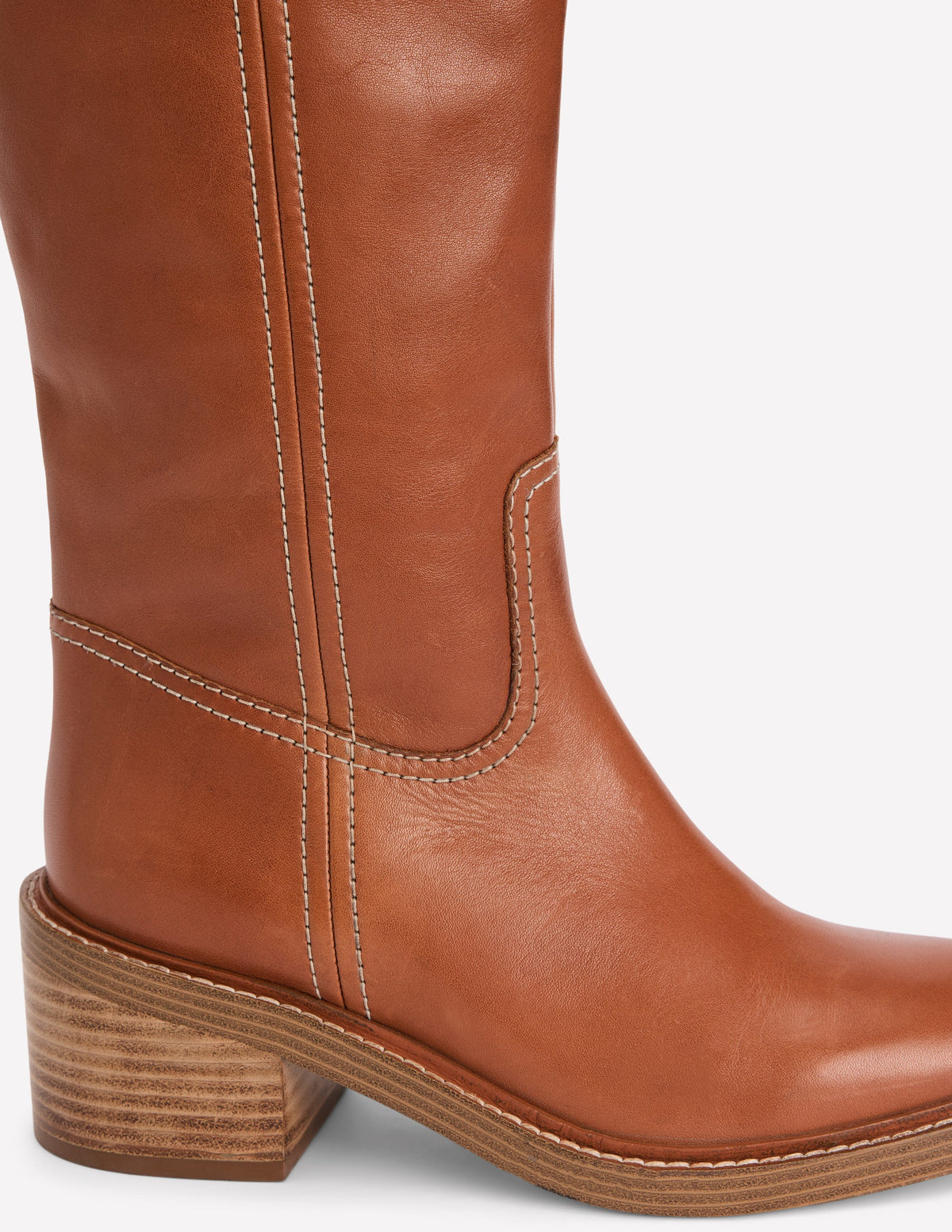Casual Stitch Knee Boots-Tan Leather-4