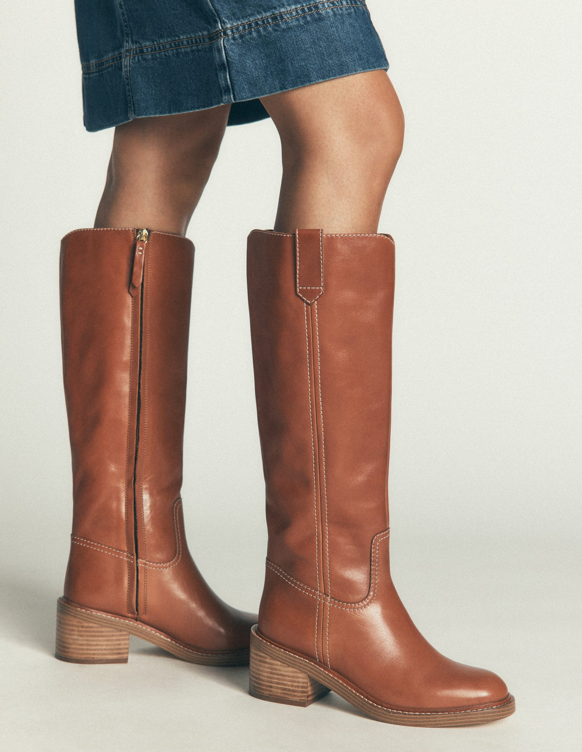 Casual Stitch Knee Boots-Tan Leather - Image 2
