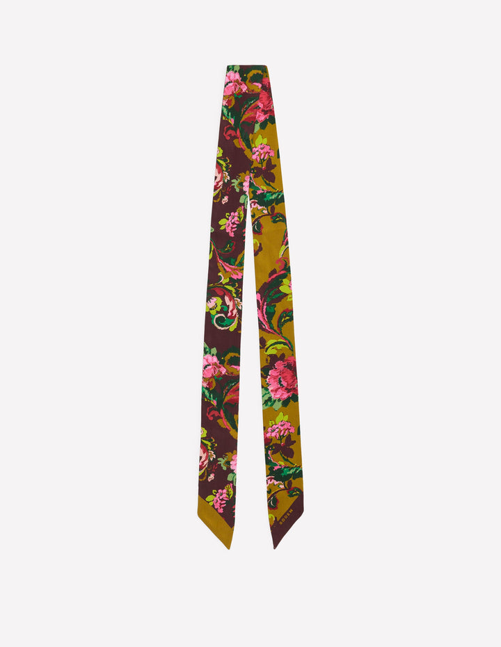 Octavia Skinny Silk Scarf-Green and Brown Paisley