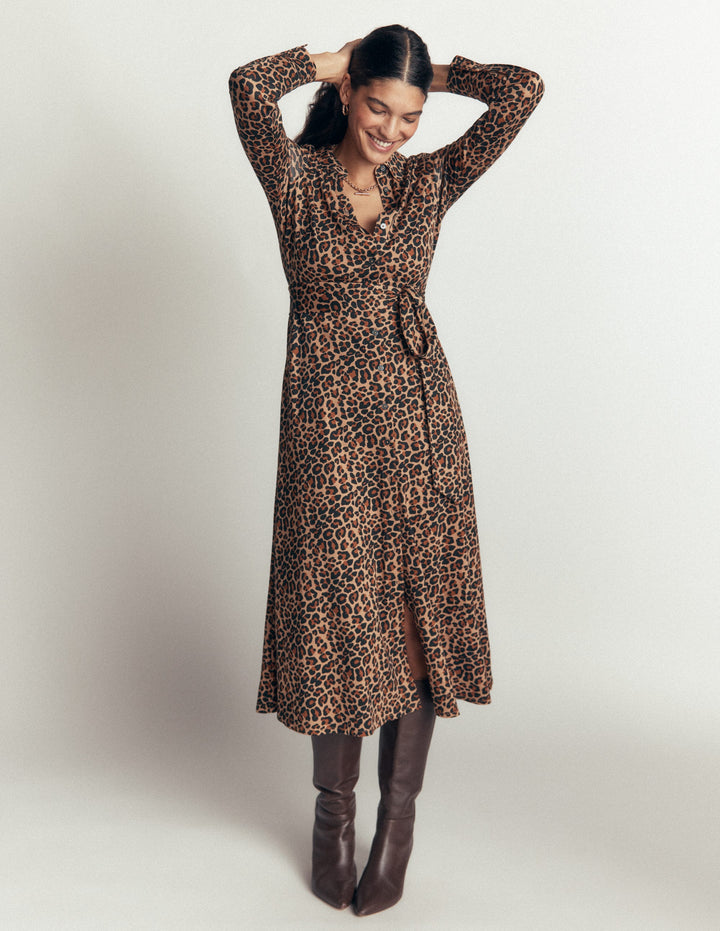 Marcia Jersey Shirt Dress-Camel, Leopard Fields