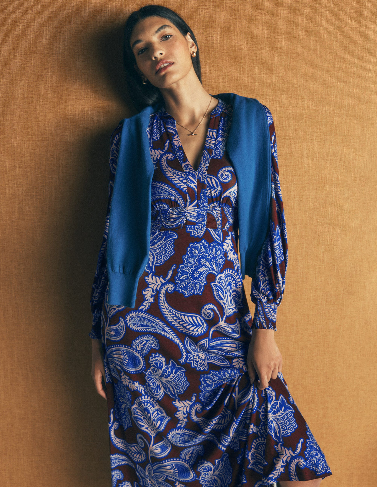 Georgia Jersey Midi Dress-Raw Umber, Paisley Bouquet-1