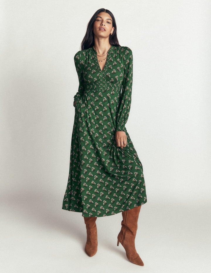 Georgia Jersey Midi Dress-Dark Green, Ditsy Carnation
