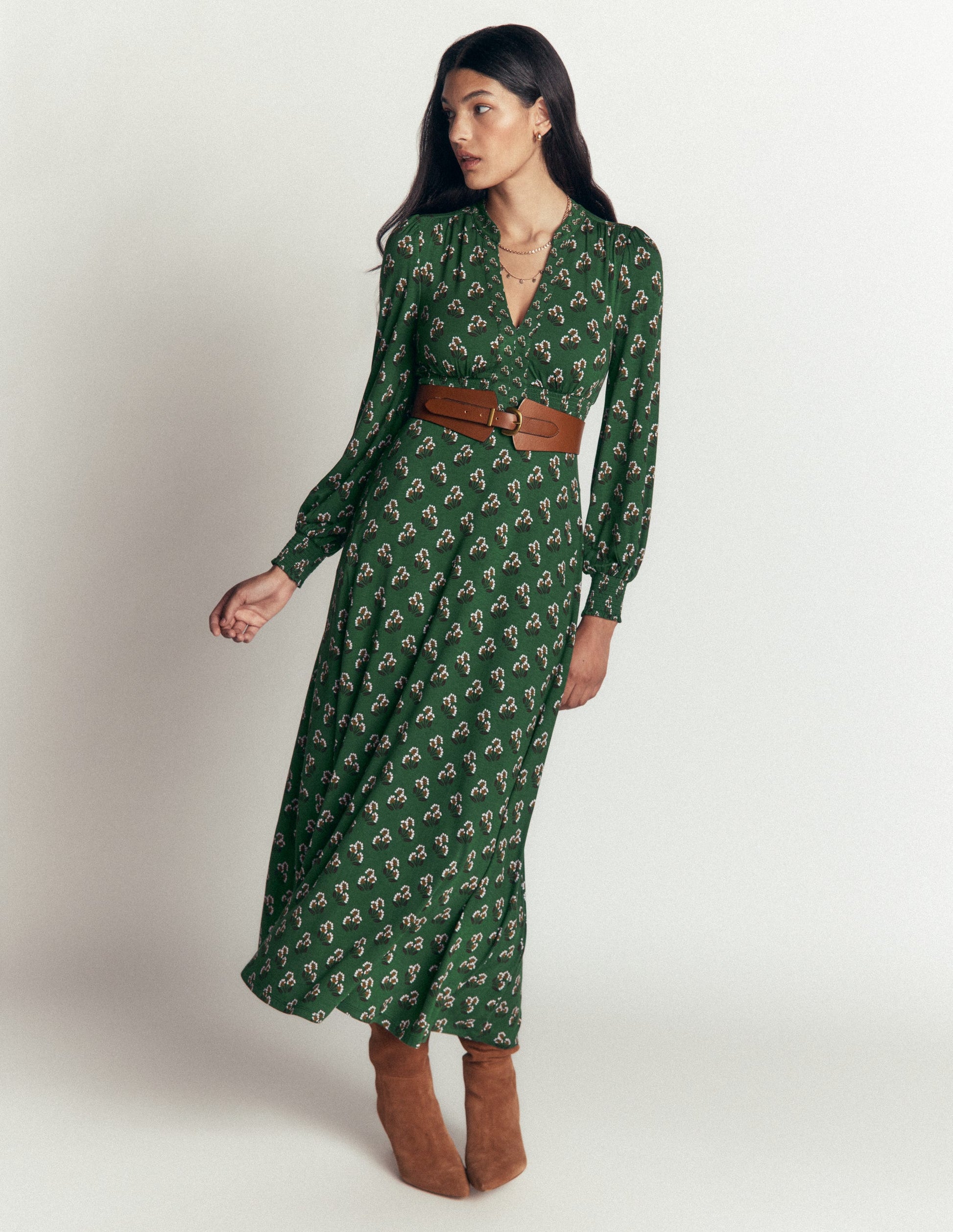 Georgia Jersey Midi Dress-Dark Green, Ditsy Carnation-4