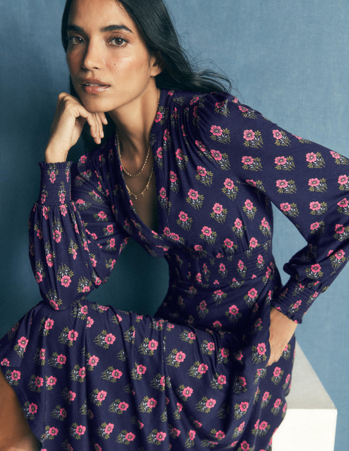 Georgia Jersey Midi Dress-Navy, Flourishing Spring Stamp