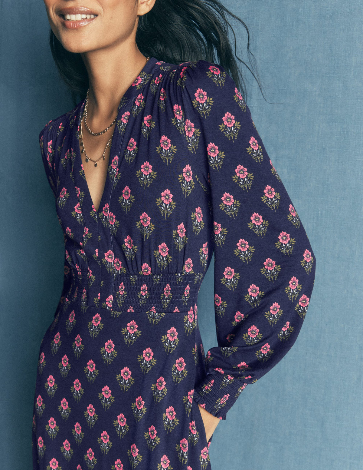 Georgia Jersey Midi Dress-Navy, Flourishing Sprig Stamp - Image 2
