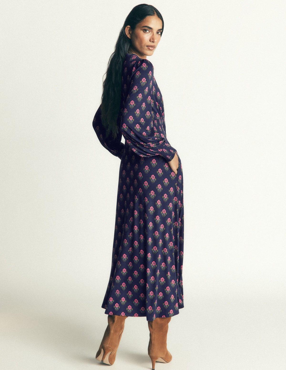 Georgia Jersey Midi Dress - Navy, Flourishing Spring Stamp