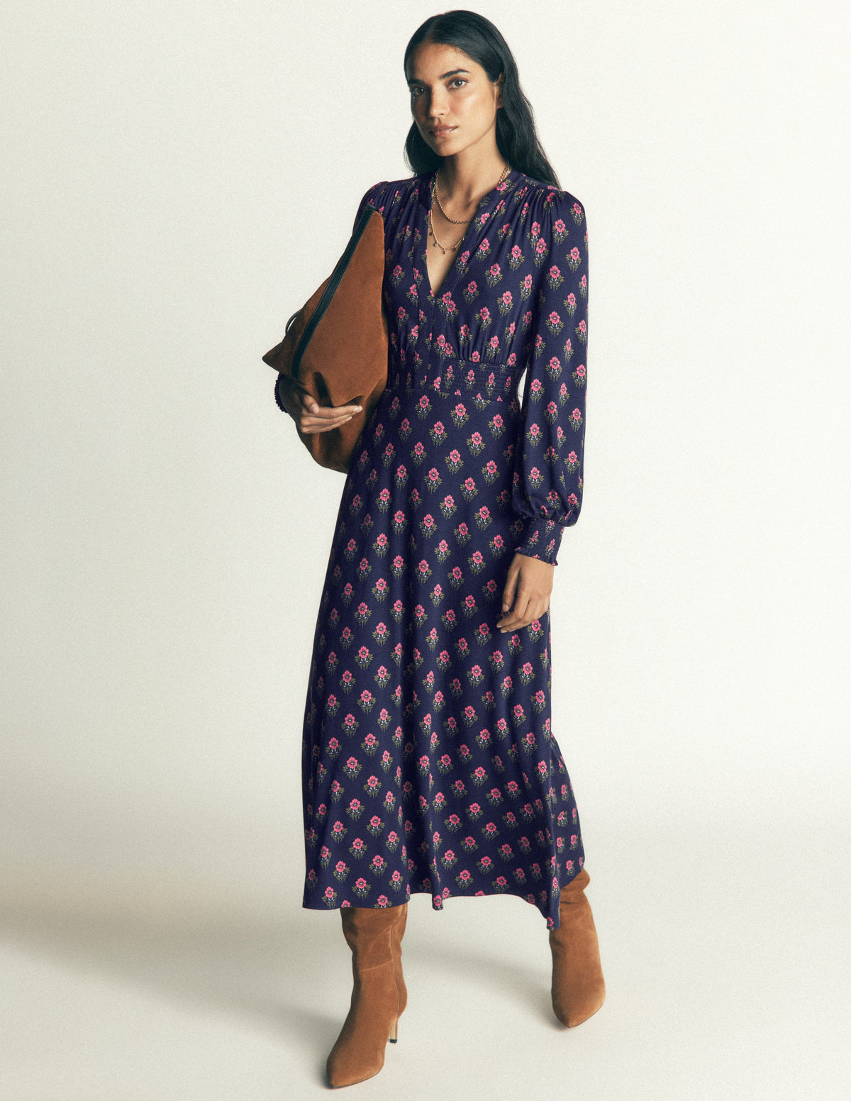 Georgia Jersey Midi Dress-Navy, Flourishing Sprig Stamp - Image 4