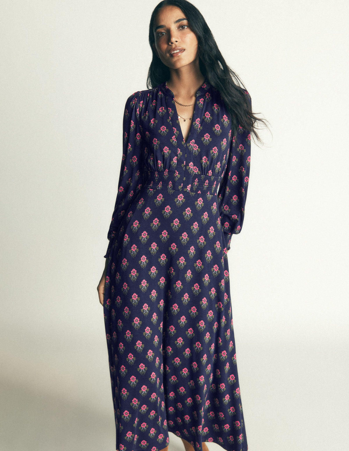 Georgia Jersey Midi Dress-Navy, Flourishing Sprig Stamp-6