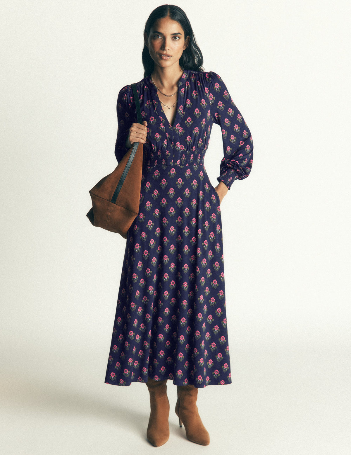 Georgia Jersey Midi Dress-Navy, Flourishing Sprig Stamp - Image 6