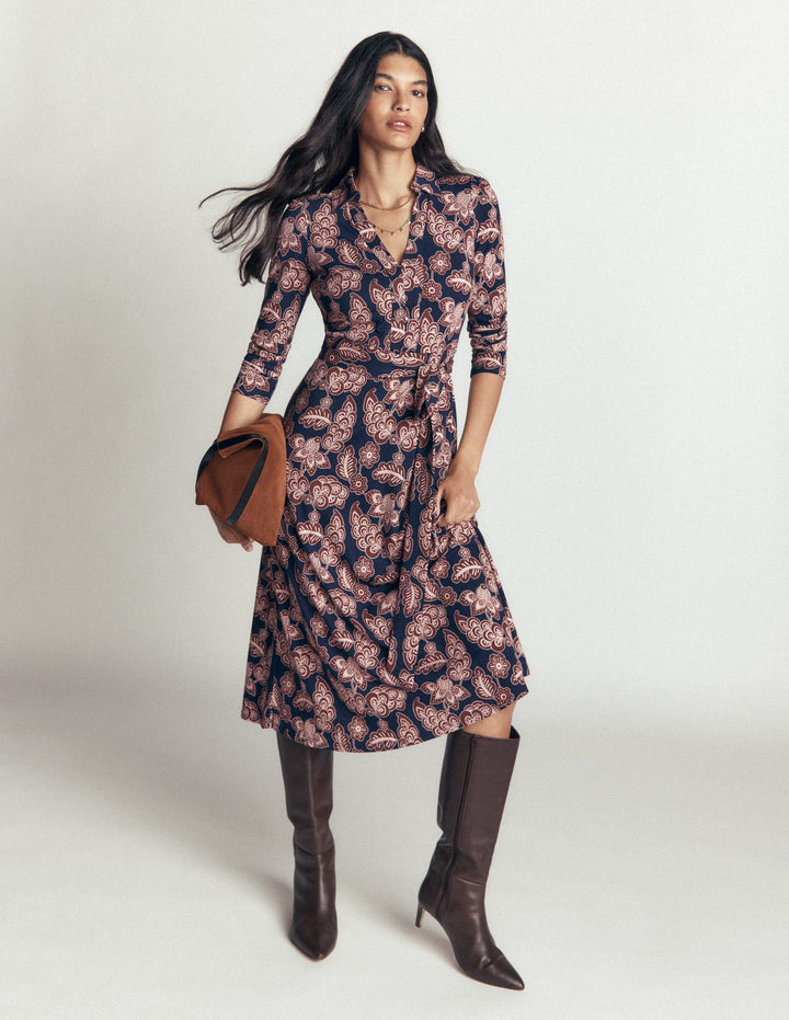 Imogen Collared Jersey Dress-Navy, Tickled Meadows
