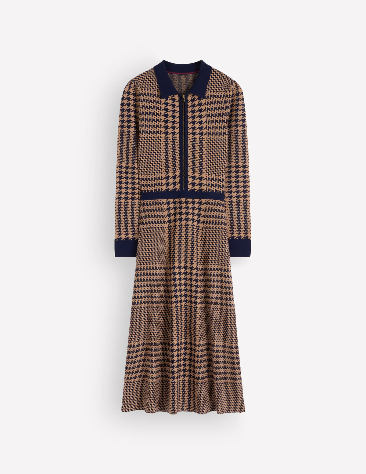 Fiona Zip Front Knitted Dress-Camel and Navy Check-7
