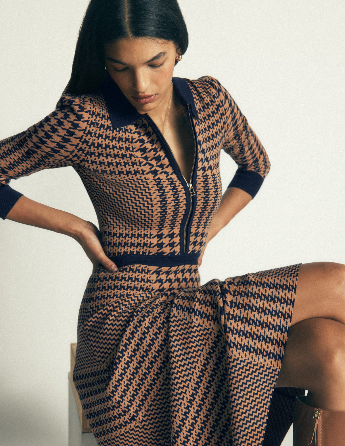 Fiona Zip Front Knitted Dress-Camel and Navy Check - Image 1