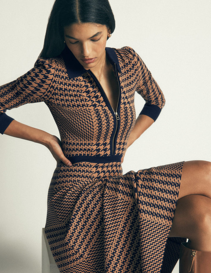 Fiona Zip Front Knitted Dress-Camel and Navy Check