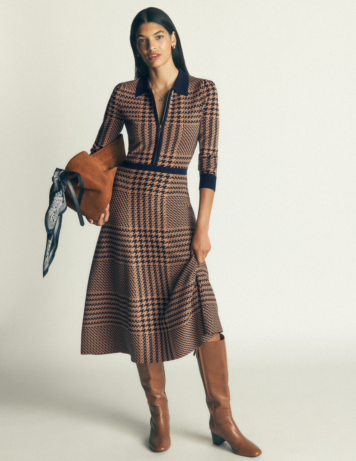 Fiona Zip Front Knitted Dress-Camel and Navy Check - Image 4