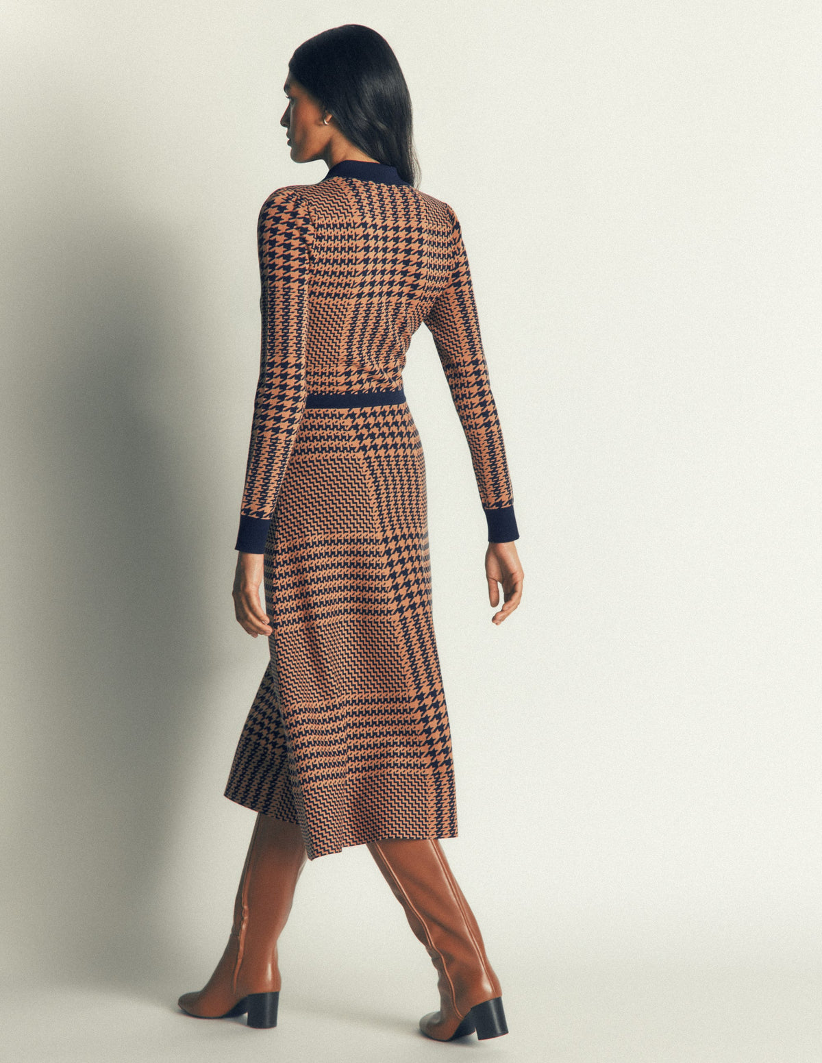 Fiona Zip Front Knitted Dress-Camel and Navy Check-5
