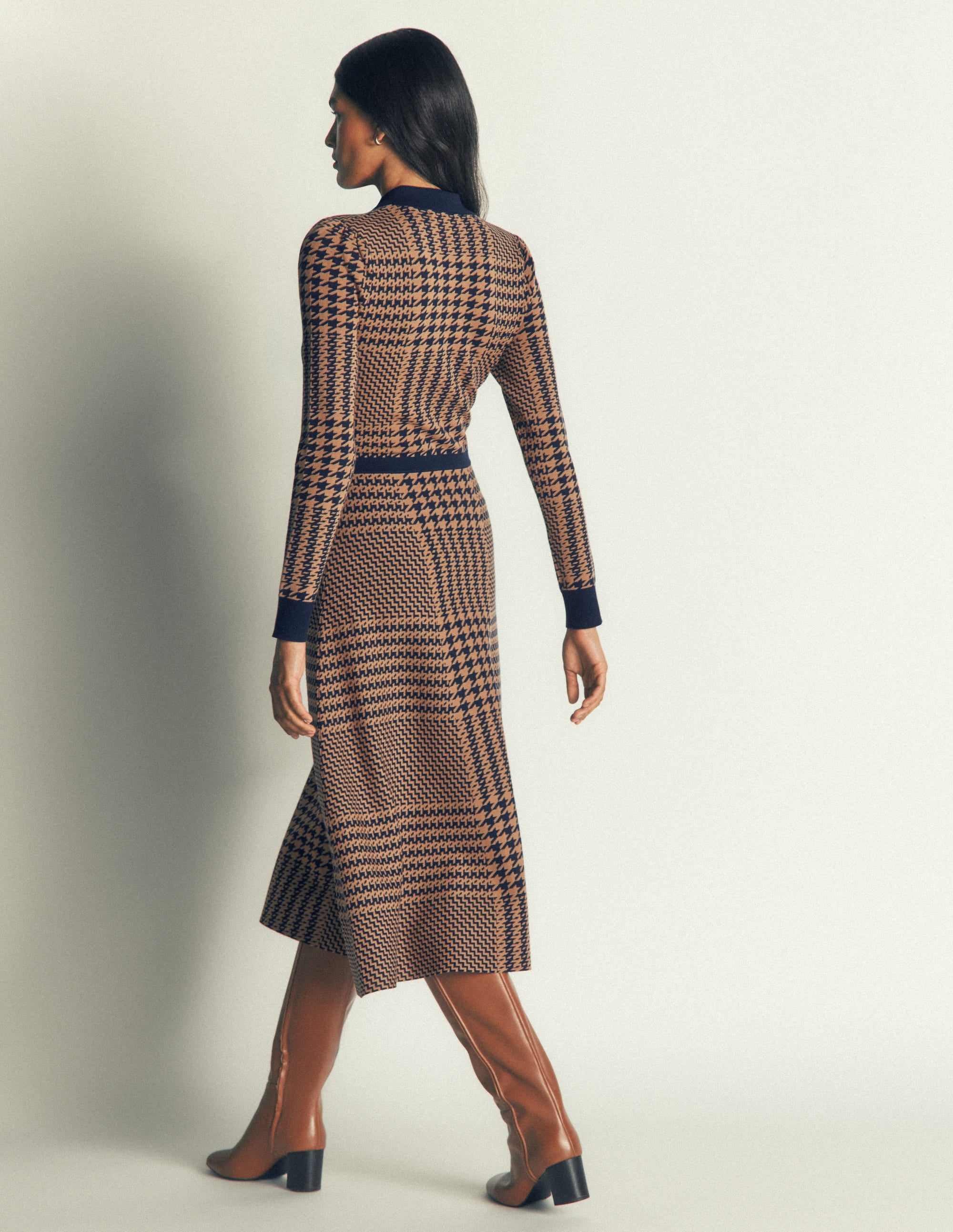 Fiona Zip Front Knitted Dress - Camel and Navy Check | Boden USA