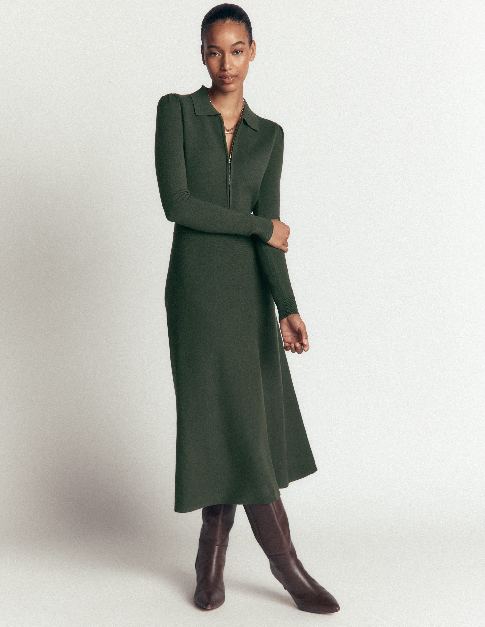Fiona Zip Front Knitted Dress-Hunter Green - Image 4