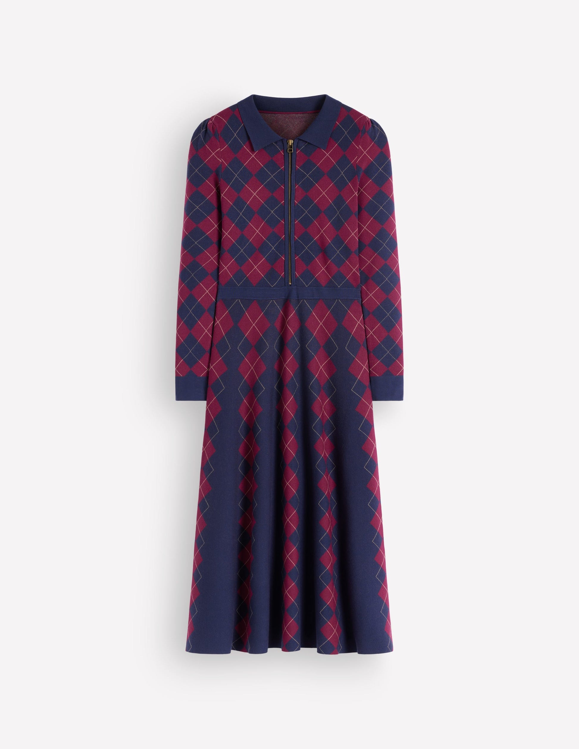 Fiona Zip Front Knitted Dress-Navy and Maroon Argyle-6