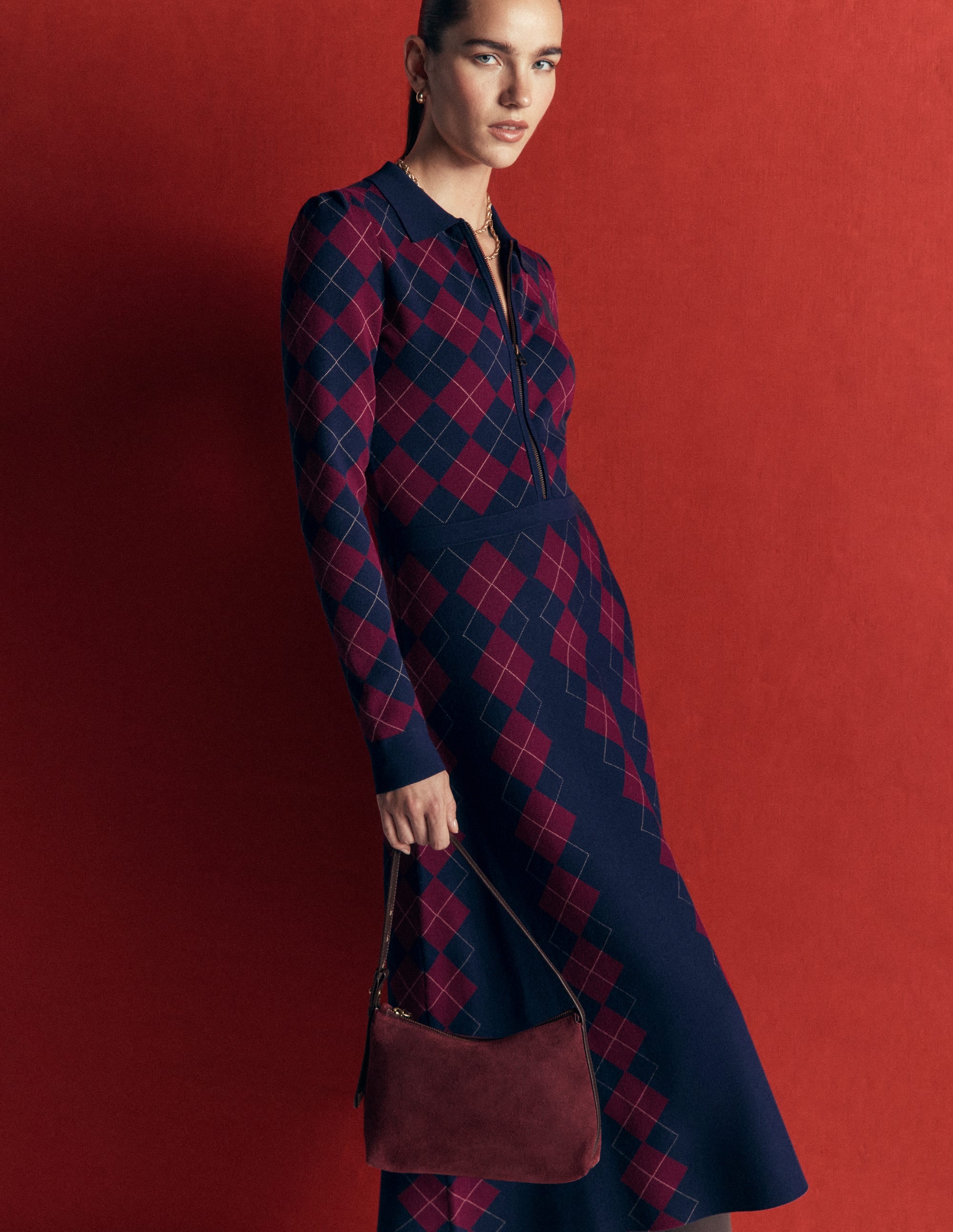 Fiona Zip Front Knitted Dress-Navy and Maroon Argyle - Image 2