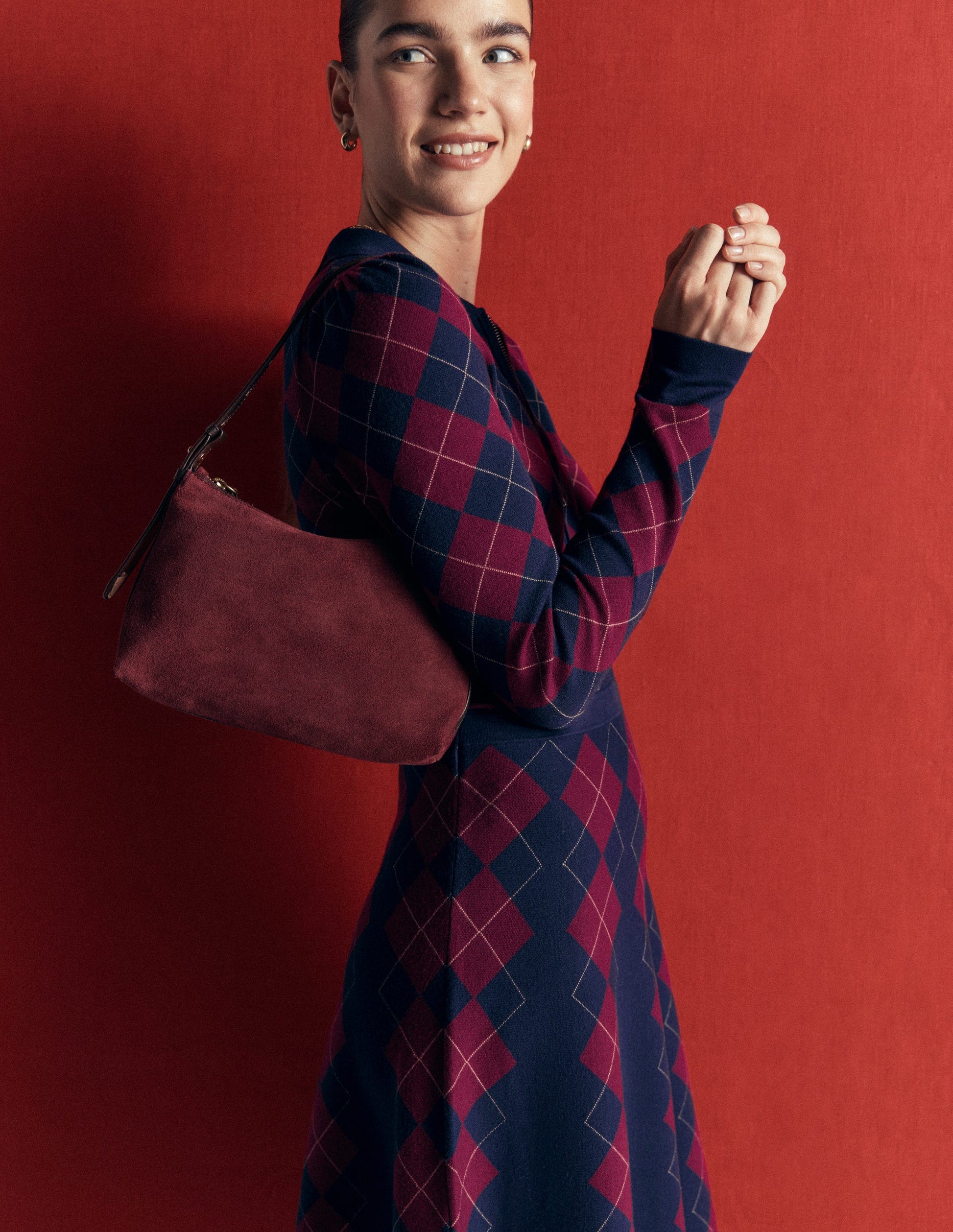 Fiona Zip Front Knitted Dress-Navy and Maroon Argyle-3