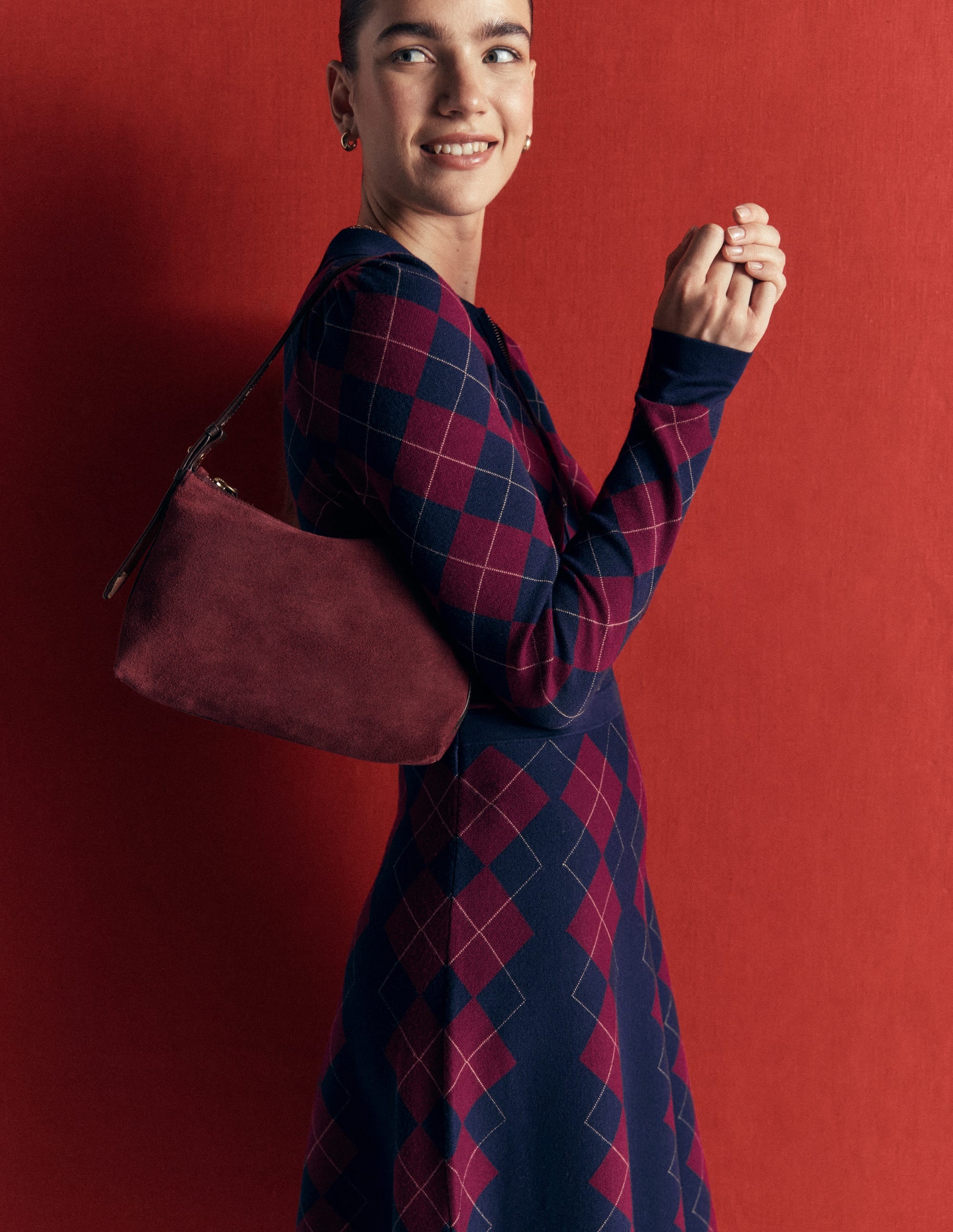 Fiona Zip Front Knitted Dress-Navy and Maroon Argyle - Image 3
