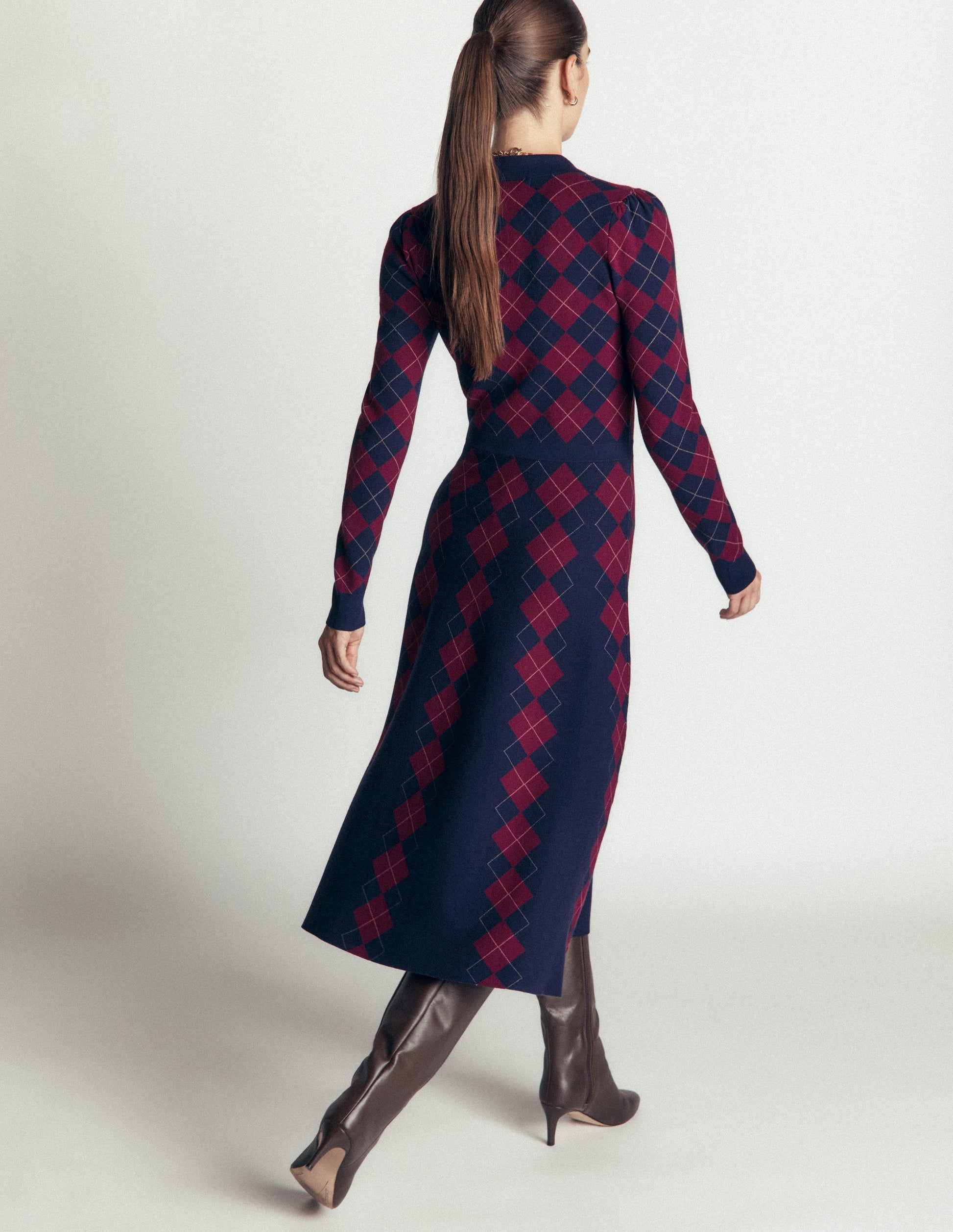 Fiona Zip Front Knitted Dress-Navy and Maroon Argyle-4