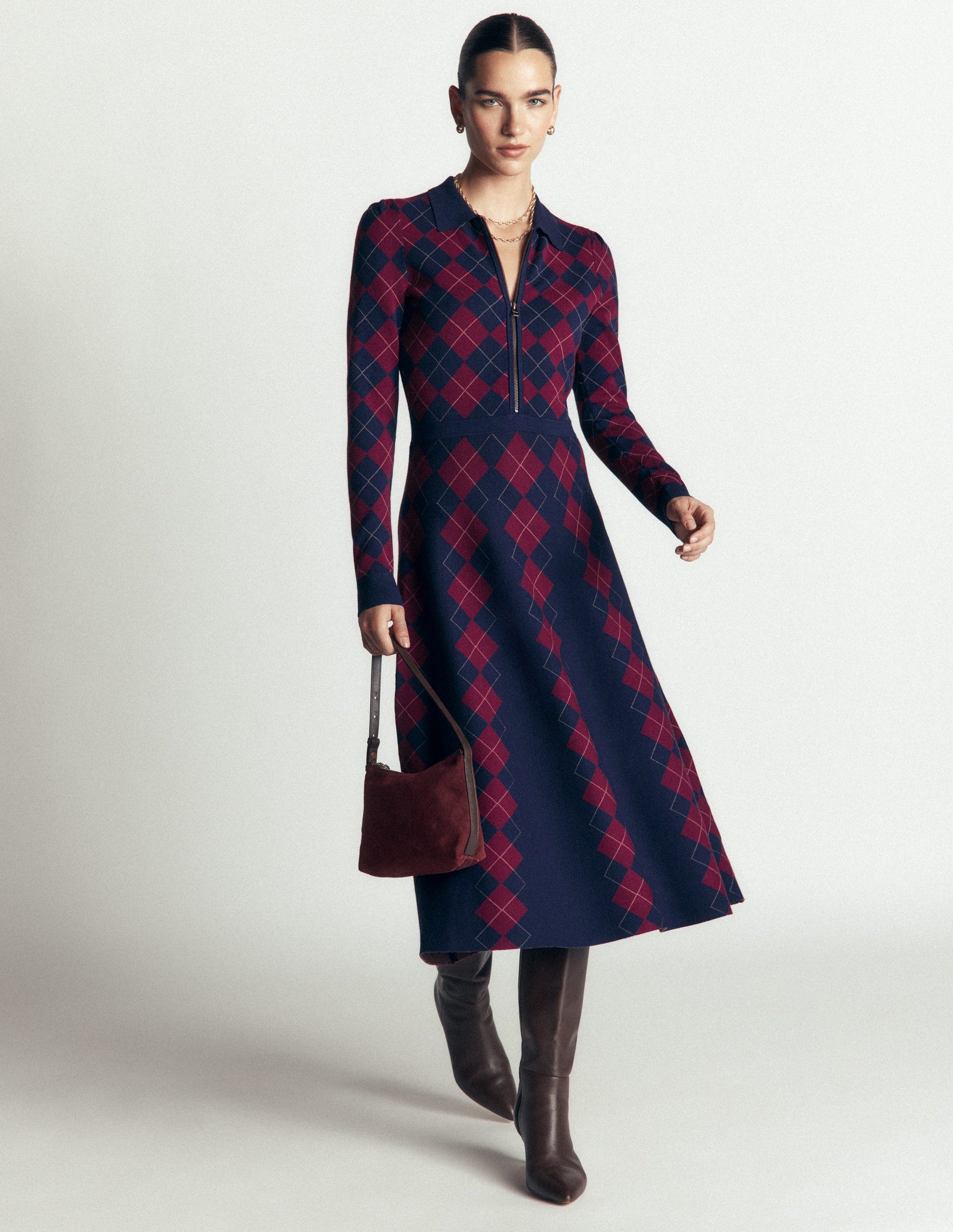 Fiona Zip Front Knitted Dress-Navy and Maroon Argyle-5