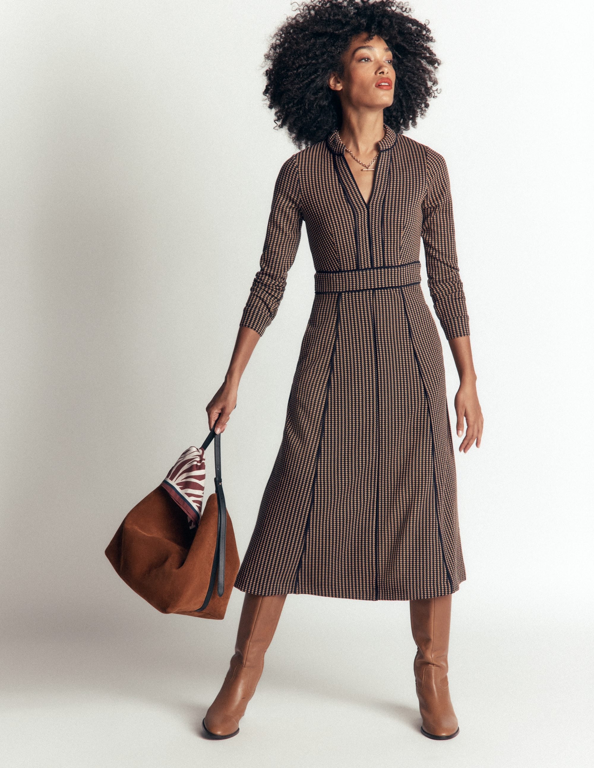 Alex Ponte Contrast Midi Dress-Navy/Camel Texture - Image 2