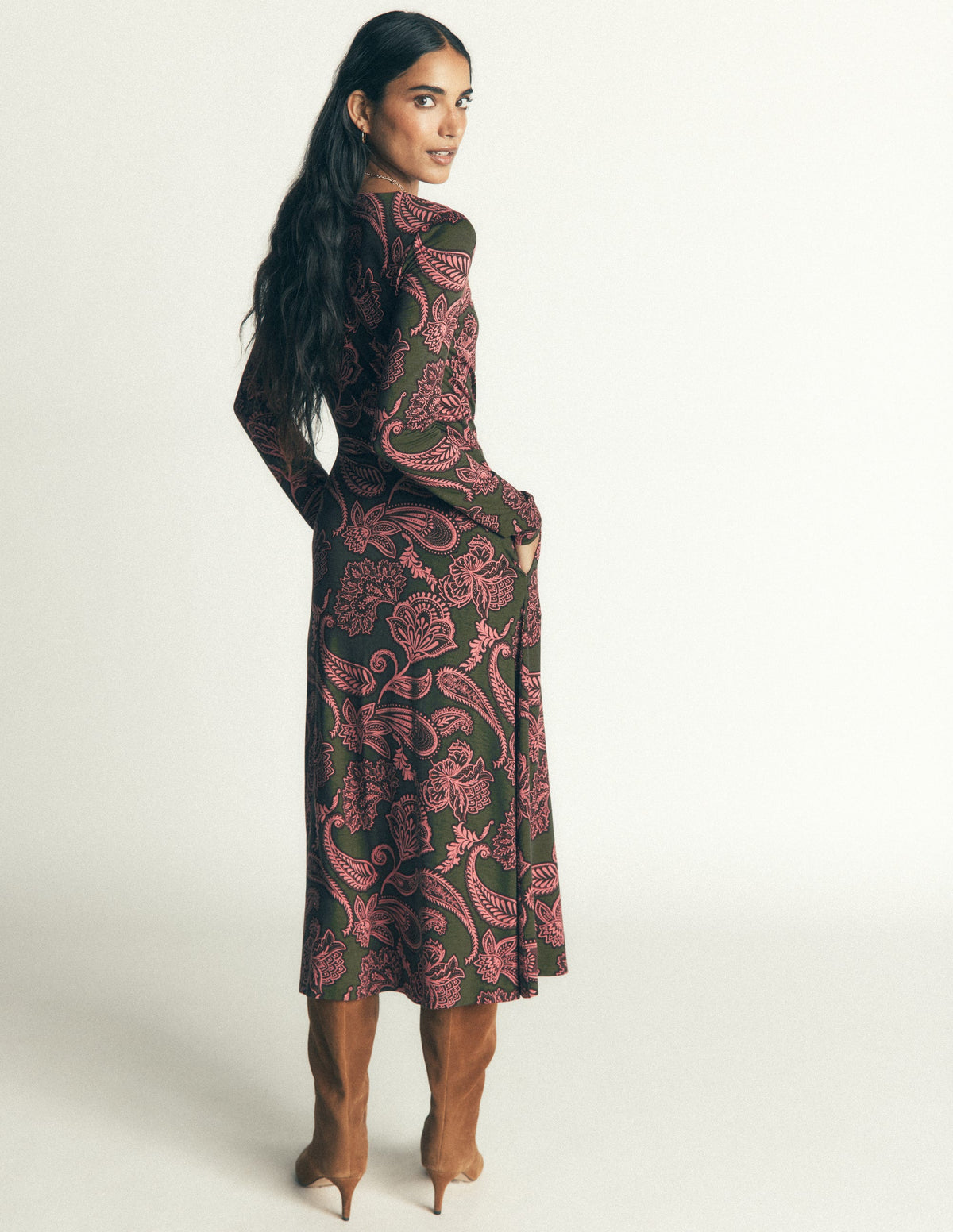 Jasmine Ruched Jersey Dress-Forest Glade, Paisley Bouquet - Image 3