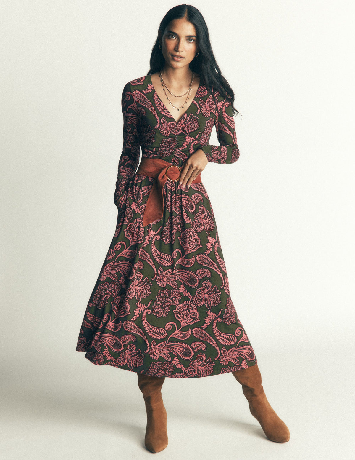 Jasmine Ruched Jersey Dress-Forest Glade, Paisley Bouquet-5