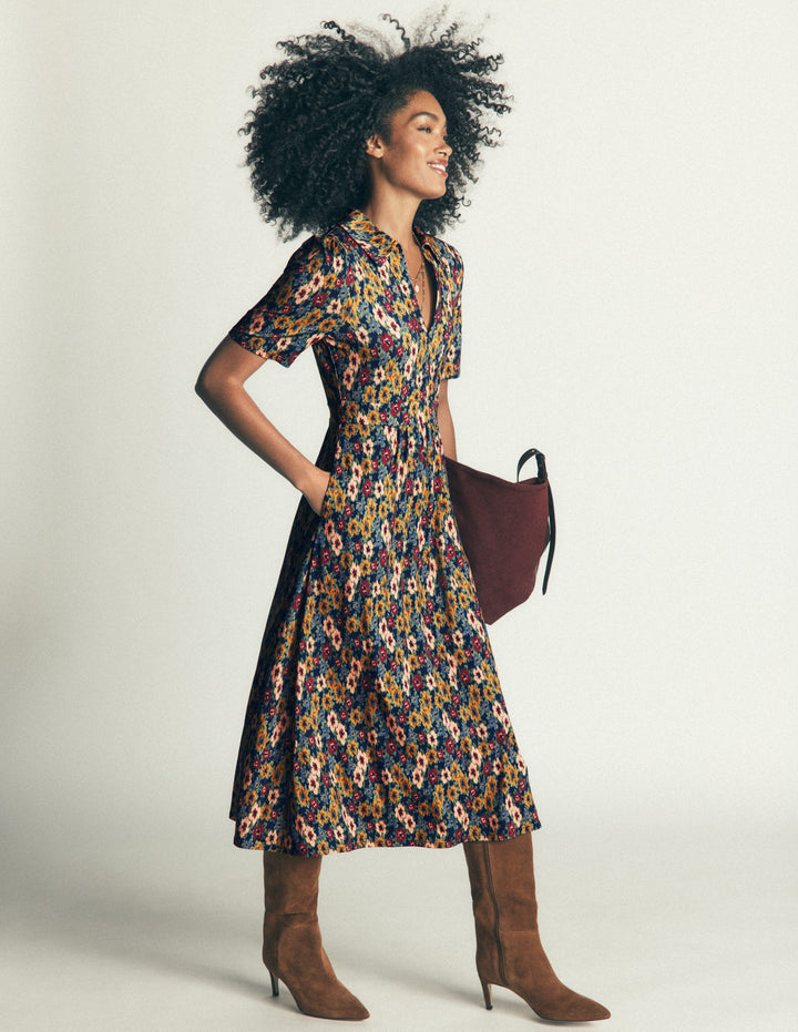 Heidi Jersey Midi Tea Dress-French Navy, Flecked Garden