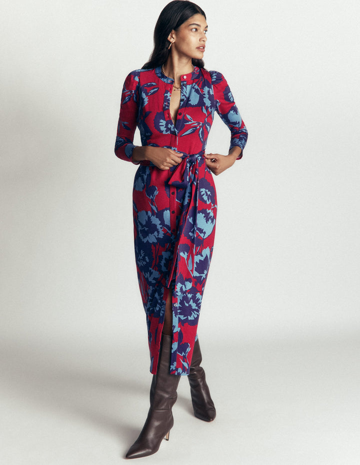 Honor Column Jersey Midi Dress-Crimson Red, Forest Breeze