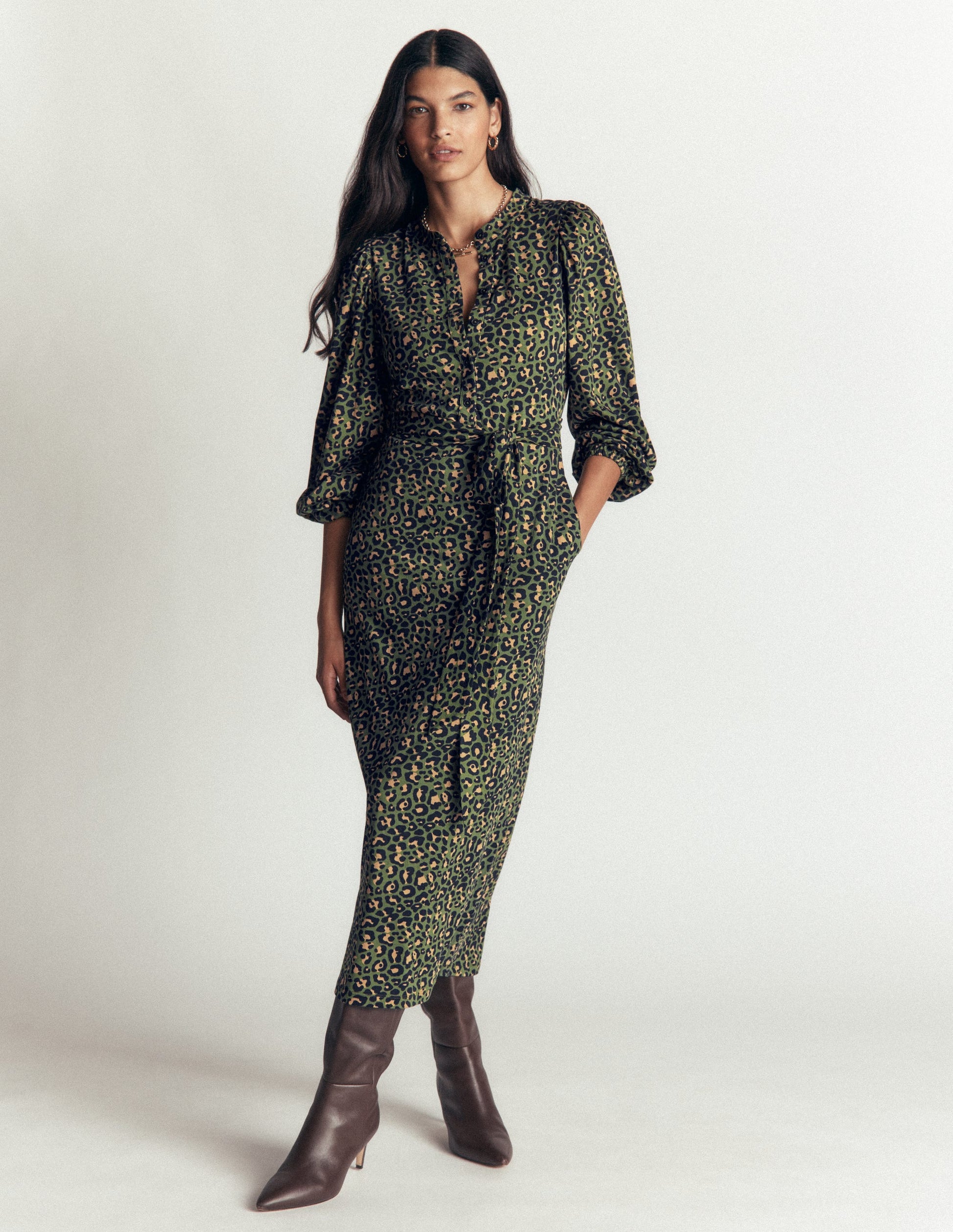 Eli Belted Jersey Midi Dress-Brunswick Green, Leopard-1