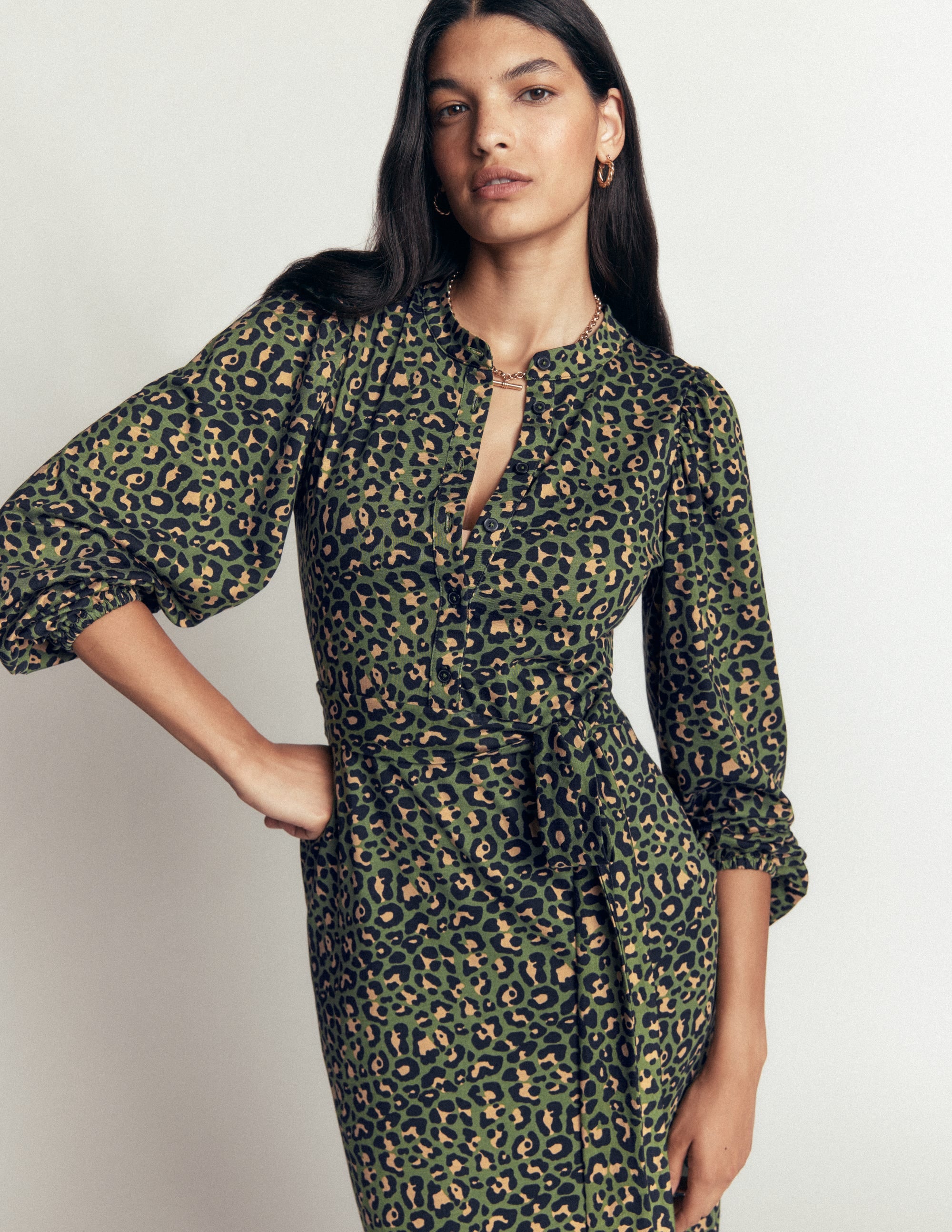 Eli Belted Jersey Midi Dress-Brunswick Green, Leopard - Image 4