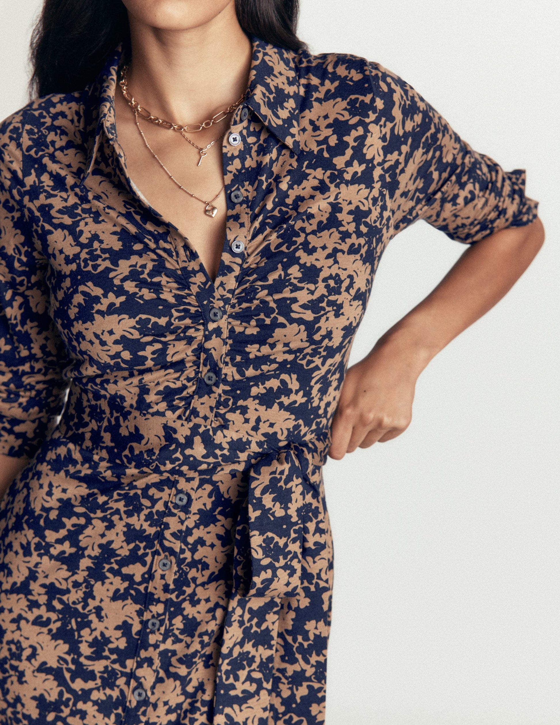 Ruched Jersey Shirt Dress-Cool Cocoa, Sprayed Leaf-2