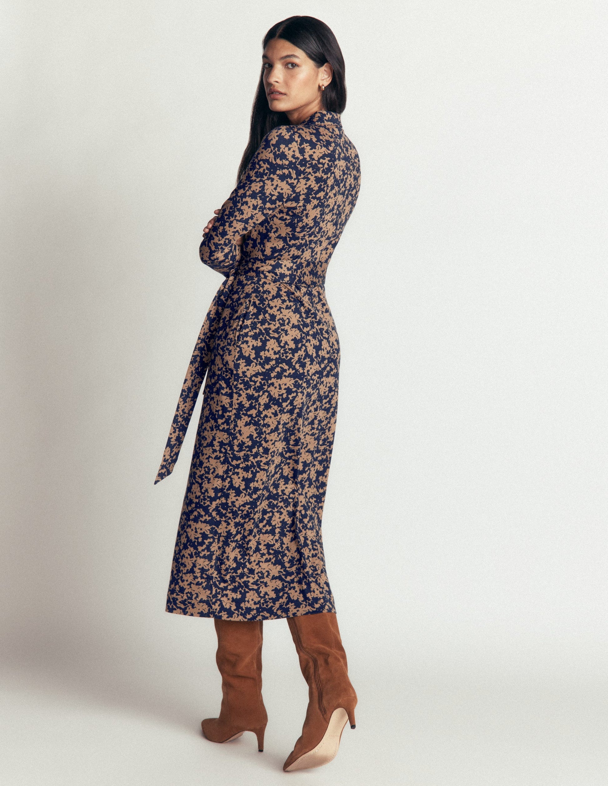 Ruched Jersey Shirt Dress-Cool Cocoa, Sprayed Leaf-3