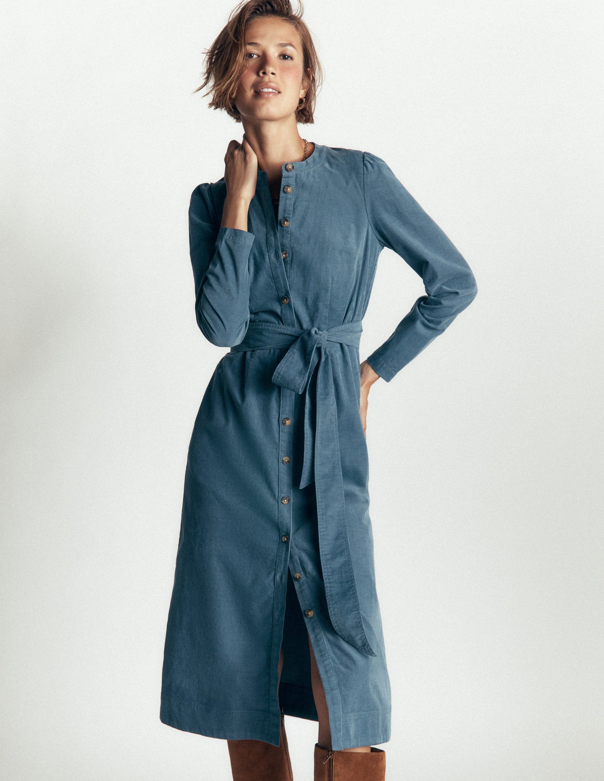 Louise Cord Midi Shirt Dress-Storm Blue-2