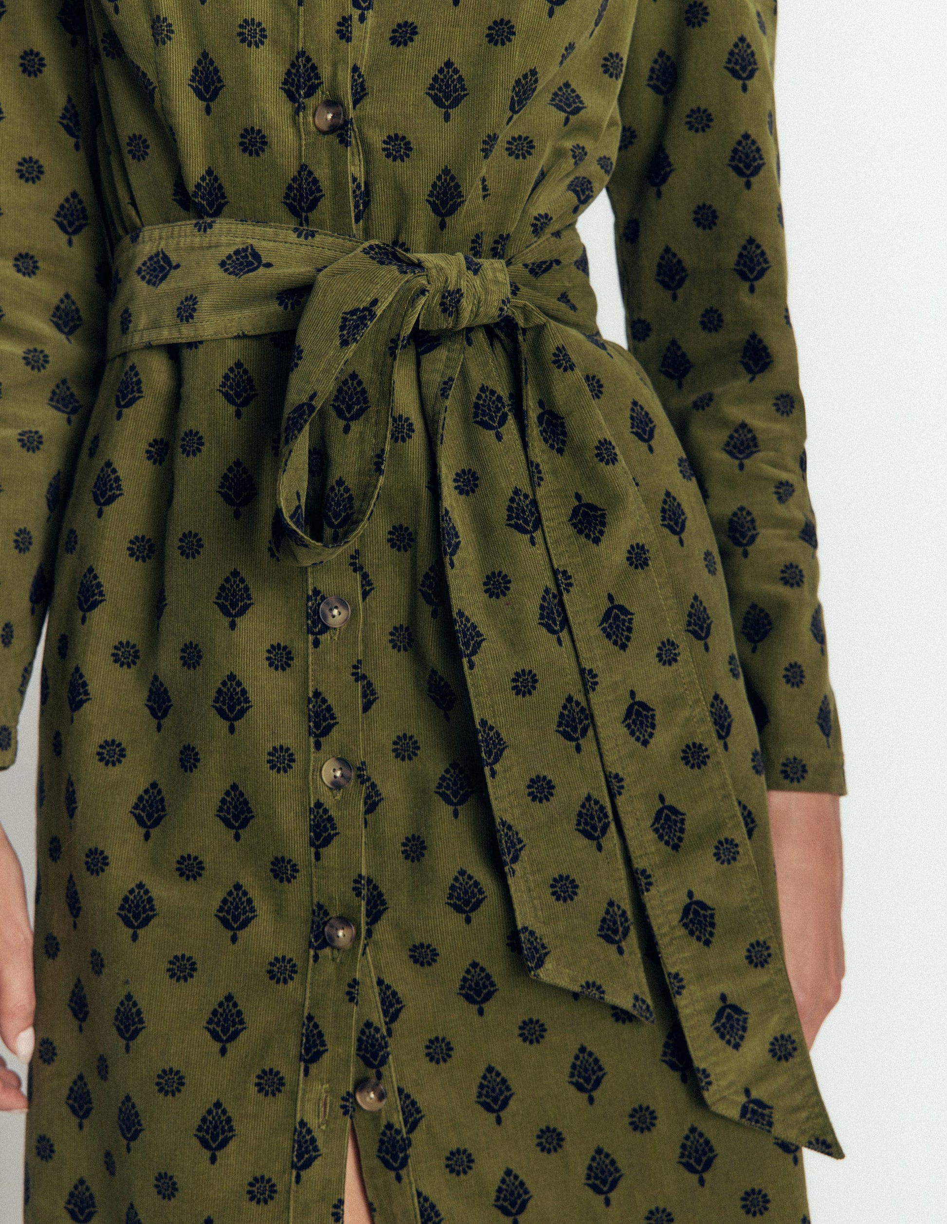 Louise Cord Midi Shirt Dress-Olive, Ornate Gardenia Stamp-2