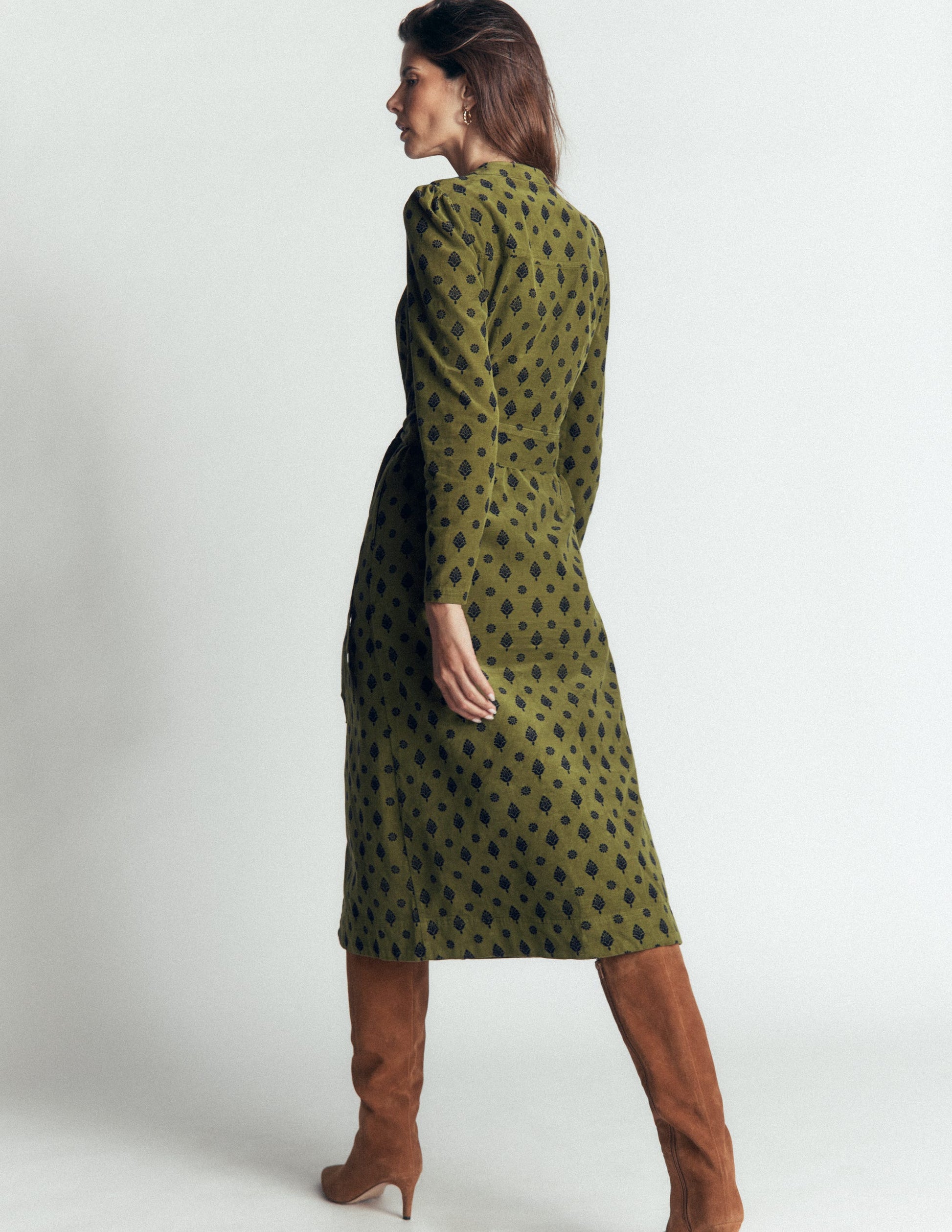 Louise Cord Midi Shirt Dress-Olive, Ornate Gardenia Stamp-3