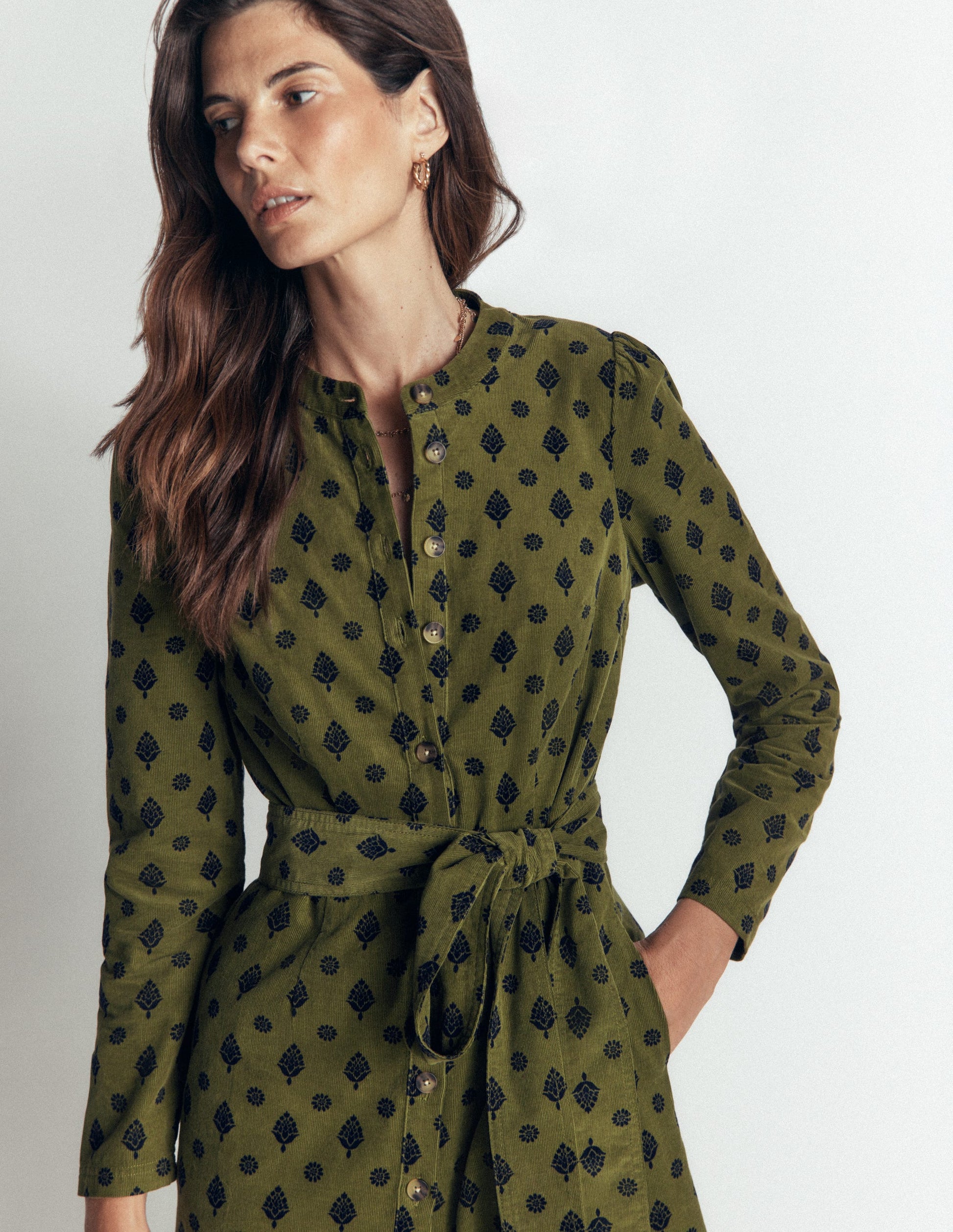 Louise Cord Midi Shirt Dress-Olive, Ornate Gardenia Stamp-5
