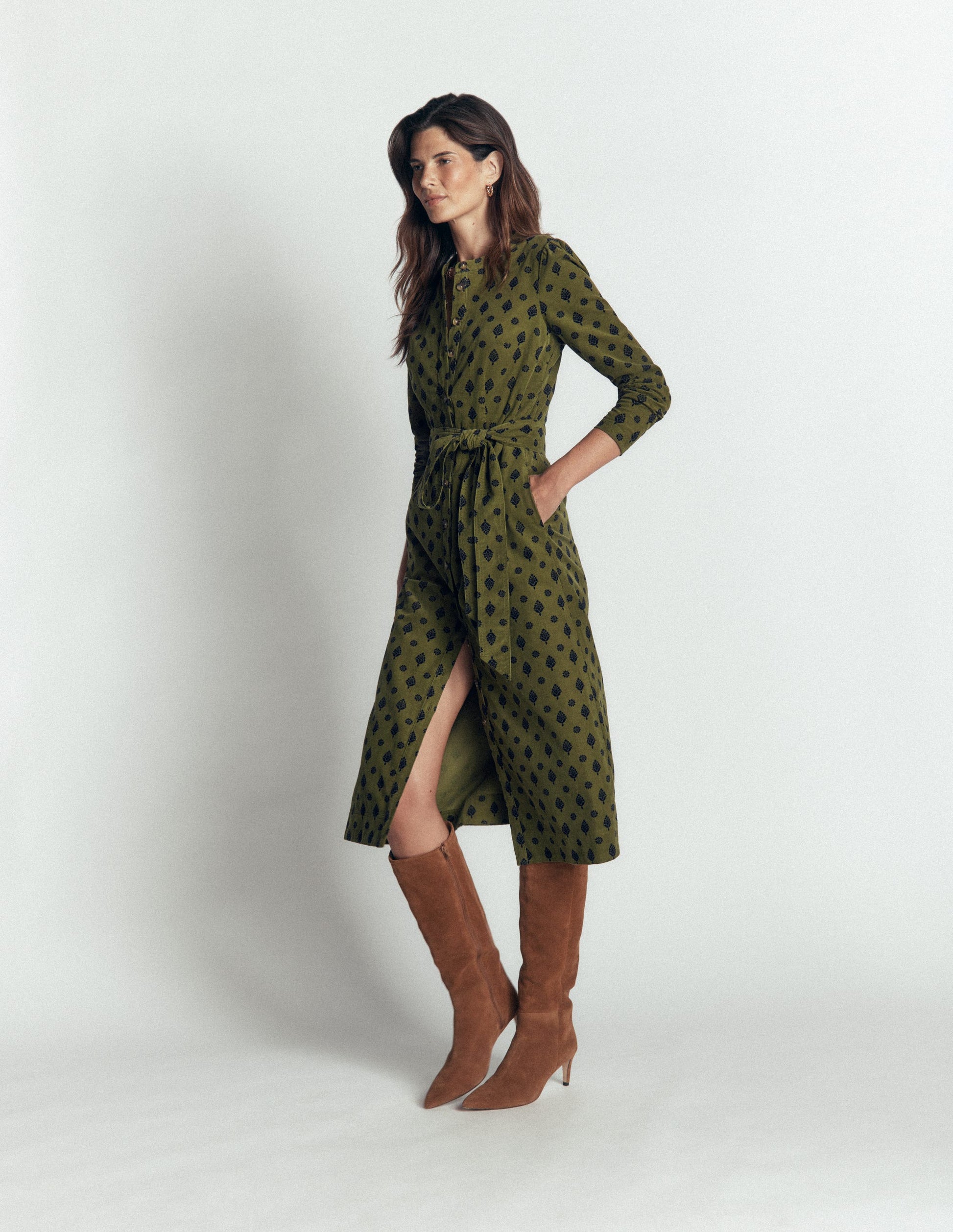 Louise Cord Midi Shirt Dress-Olive, Ornate Gardenia Stamp-6