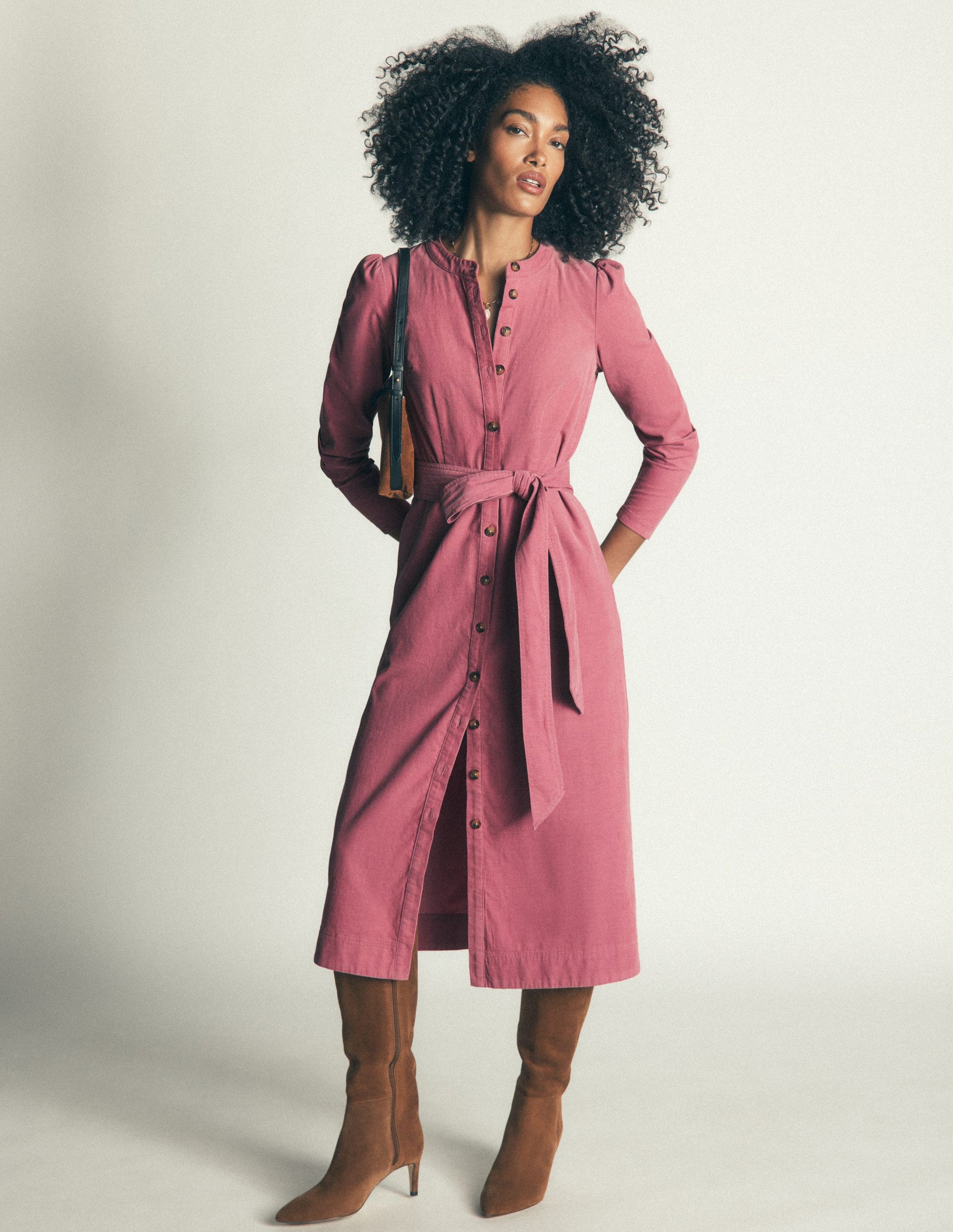 pink fall dress women Boden Women's Louise Cord Midi Shirt in below the knee Color:Waterfall Machine washable for easy Page 5: Club Dresses