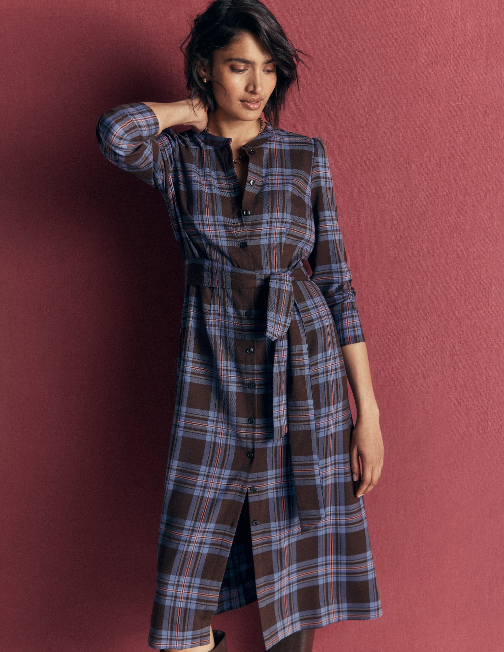 Louise Check Midi Shirt Dress-Brown, Blue and Pink Check - Image 2